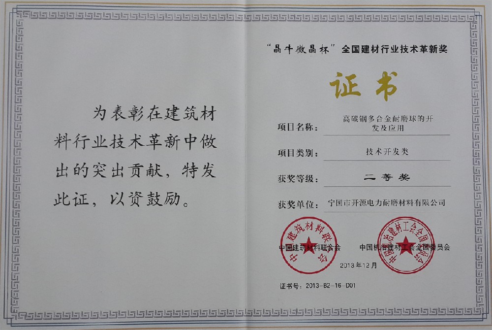 全國(guó)建材行業(yè)技術(shù)革新獎(jiǎng)